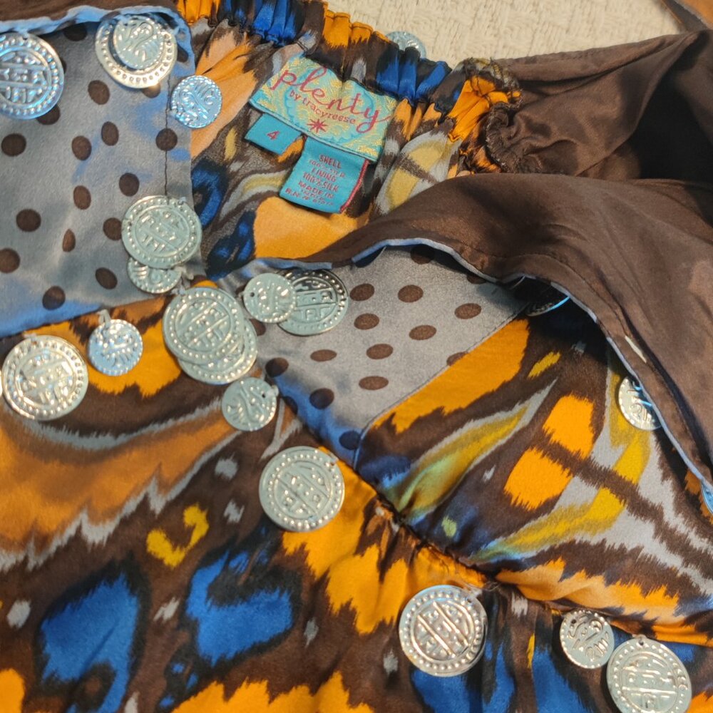 Plenty Tracy 100% Silk Geometric Coin Embellished Dress Size 4 Orange Gray Boho - Picture 5 of 6